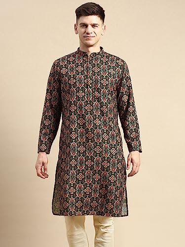 Image of Men's Black Art Silk Regular Fit Ethnic Motifs Kurta | Indian Kurta | Festive Ethnic Kurta with Embroidered Packet