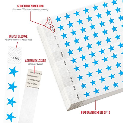 Image of 500 WristCo Blue Stars Tyvek Wristbands for Events - Comfortable Tear Resistant Paper Bracelets ID Wrist Bands for Concerts Festivals Admission Party Identification Tours