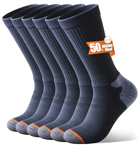 kaciixaa Mens Merino Wool Crew Work Socks 3 Pairs Moisture Wicking Athletic Socks for Hiking Sports Running[BLUE L]