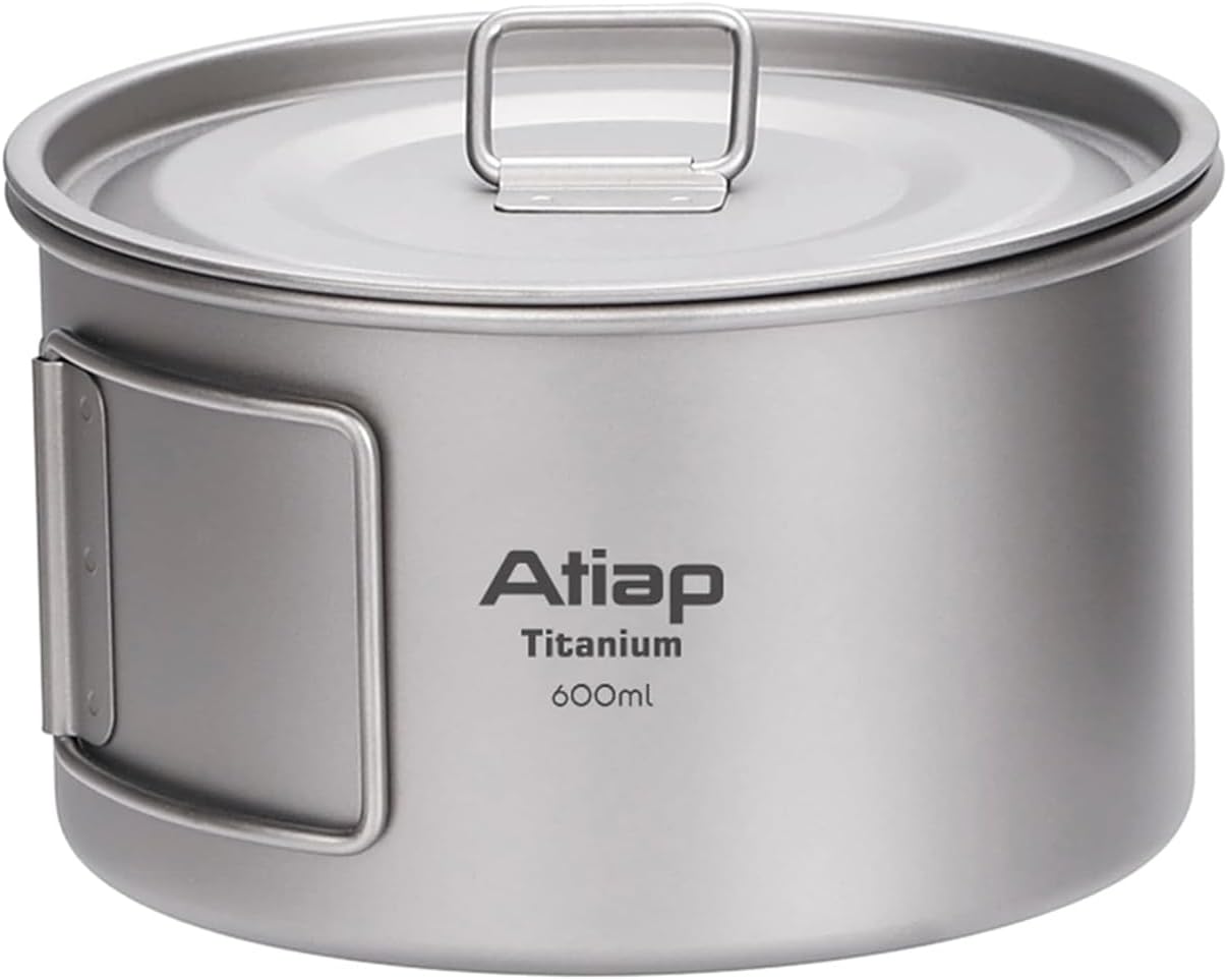 Titanium Bowl Pot with Foldable Handle, Single-Wall Titanium Cooking Tableware Bowl with Folding Handle for Outdoor Camping Hiking Picnic (450ML and 600ML with Lid)