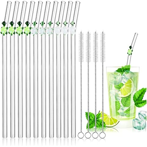 10 Pcs Bent Reusable Glass Straw Green Turtle on Clear Straws 8mm x 7.9in Cute Straws with Design Shatter Resistant Drinking Straws with 4 Cleaning Brushes for Beverages Shakes Smoothies Cocktails Cover