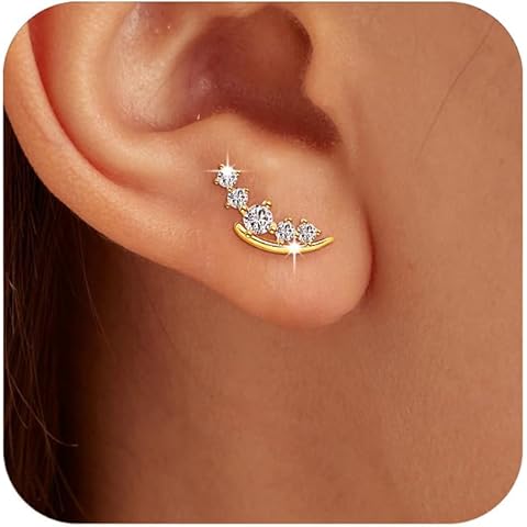 14K Gold Plated Ear Moon Heart Crawler Earrings Dainty 925 Sterling Silver Small Ca...