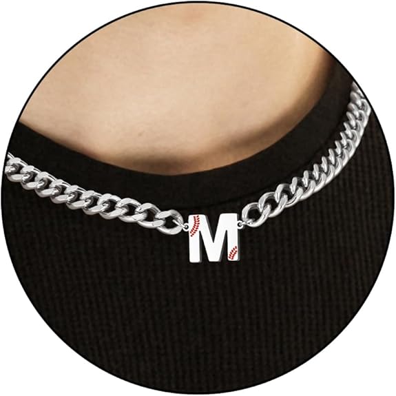 Baseball Necklaces for Boys Stainless Steel Initial Necklace with Letter A-Z 6.5mm Cuban Chain Adjustable Gifts for Men Boys 16+2 Inches