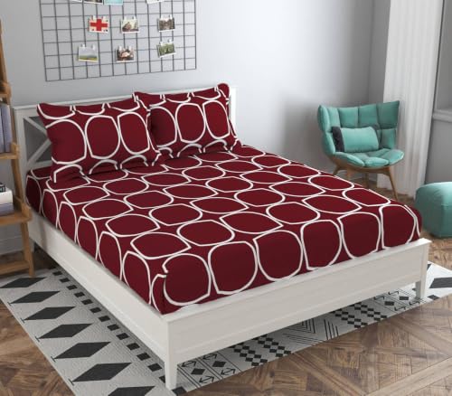 Image of KAWI Cotton Blend Elastic Fitted Bedsheet Queen Size Double Bed (78 inchX 72 inch) - RED Circle Print