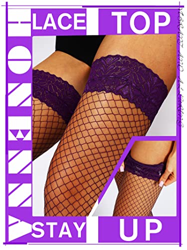 Image of HONENNA Fishnet Thigh High Stockings, 20+ Colors Silicone Lace Top Stay Up Nylons Tights for Woman, Size A-D