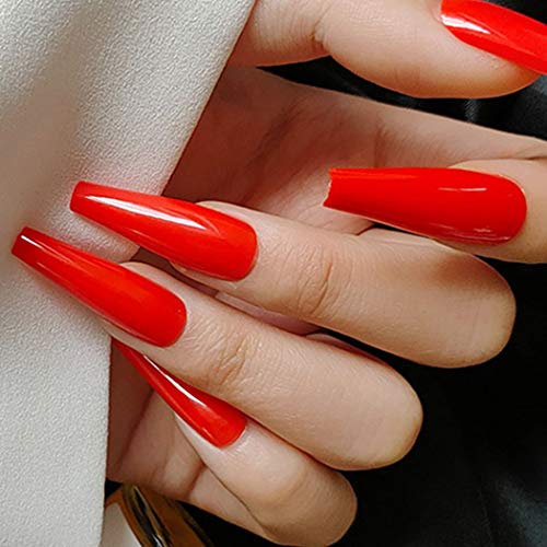 Bmadge Glossy Ballerina Fake Nails Full Cover Coffin Long Press on Nails Red Wedding Party Prom Artificial False Nails Tips for Women and Girls(24Pcs) (Red)