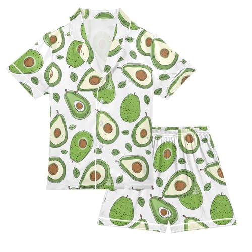 Cute Cartoon Avocado Summer Satin Pajama Set, Cute Button-Down Sleepwear Pj Set for Sleep Wears