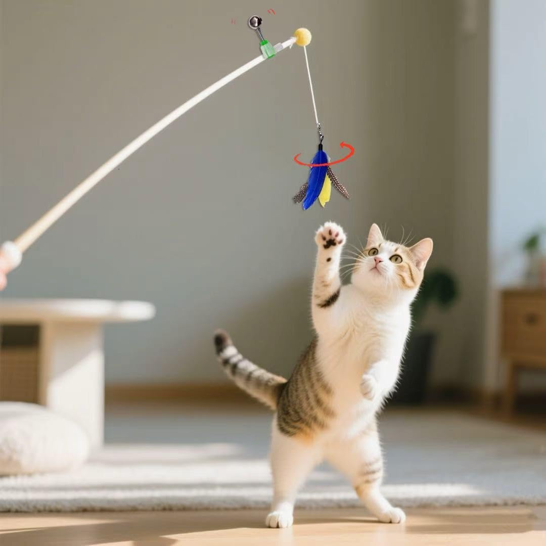 10 piezas de repuesto de juguete de plumas de gato con clips, juguetes de fijación de varita de gato con campana extraíble, repuesto de plumas naturales coloridas para gatos de interior