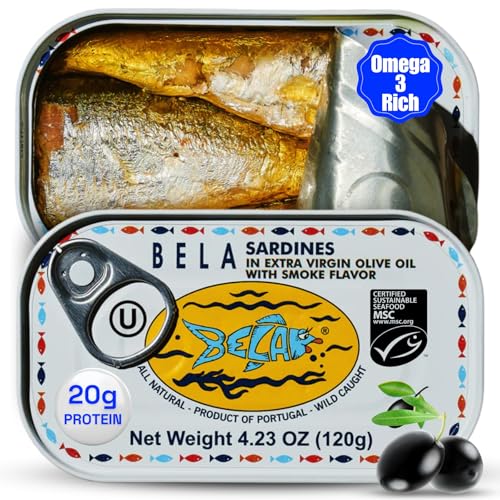 BELA Wild Caught Portuguese Sardines - Lightly Smoked and Marinated in Extra Virgin Olive Oil | 4.25 Oz (Pack of 1) | All Natural, High Protein, Hand Selected, Sea Salted, and Omega 3 Rich