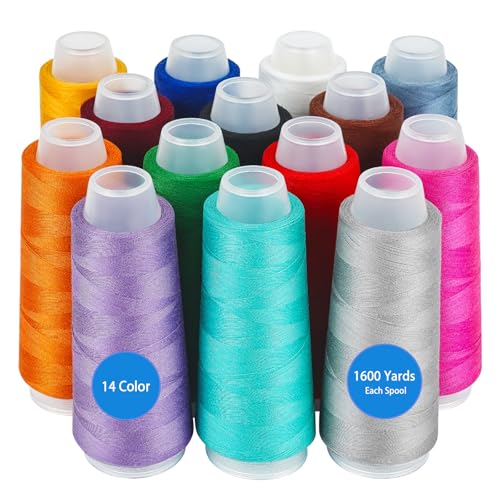 AOFITOA 14 Pack Serger Thread Cones Assorted Colors Polyester Thread 40S/2-1600 Yards Overlock Sewing Thread for Sewing Quilting Serger Machines Over Lock Thread Piecing Merrow & Hand Embroidery.