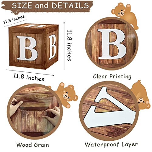 Image of Wood Grain Printing Baby Shower Display Boxes Party Decorations, Neutral Gender Reveal Party Backdrop, Brown Teddy Bear Baby Stacking Blocks Backdrop with Letters for Boy Girl Birthday Party