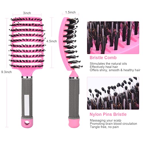 Foto von URAQT Haarbürste, Profi Entwirrungsbürste mit Griff, Haarbürste ohne Ziepen, Wildschweinborsten Haarstyling Bürste für Locken Lange Feine Dicke Lockige Haare (Rosa)