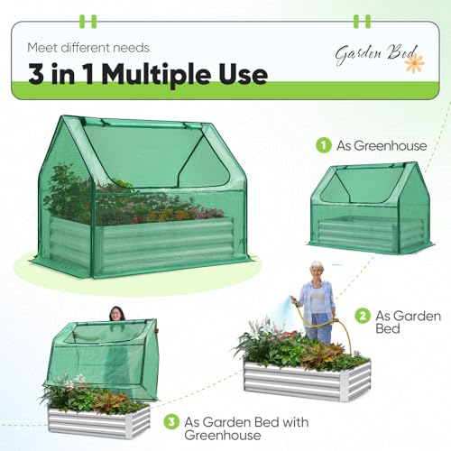 Quictent Raised Garden Bed with Cover Outdoor Galvanized Steel Planter Box Kit with Greenhouse Large Zipper Window Dual Use, 20pcs T-Type Tags & 1 Pair of Gloves Included 4x2.6x1 FT (Green)