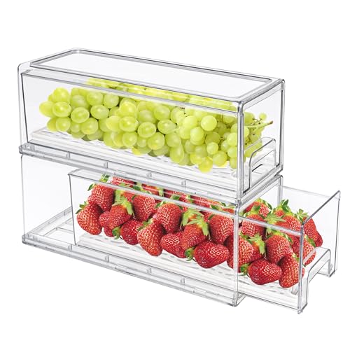 MANO 2Pack Clear Fridge Drawers Pull Out Stackable Refrigerator Drawer Organizer Bins Pantry Storage Box Plastic Food Containers for Kitchen Bathroom Office Closet(Small)