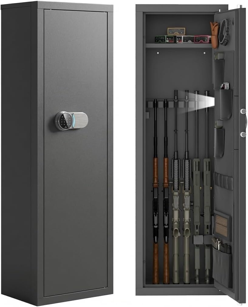12-15 Gun Safe for Rifles and Pistols, Large Gun Cabinet with Digital Keypad Lock, Anti-Pry Steel Security Safe, Adjustable Shelves & Pistol Holster for Home Defense & Hunting Storage