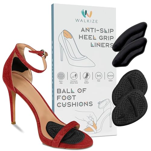 Image of Walkize Metatarsal Pads & Anti Slip Heel Pads for Women & Men | Ball of Foot Cushions & Heel Grips | Shoe Inserts for Pain Relief, Blister Prevention & Comfort (1 Pair Each, Black)