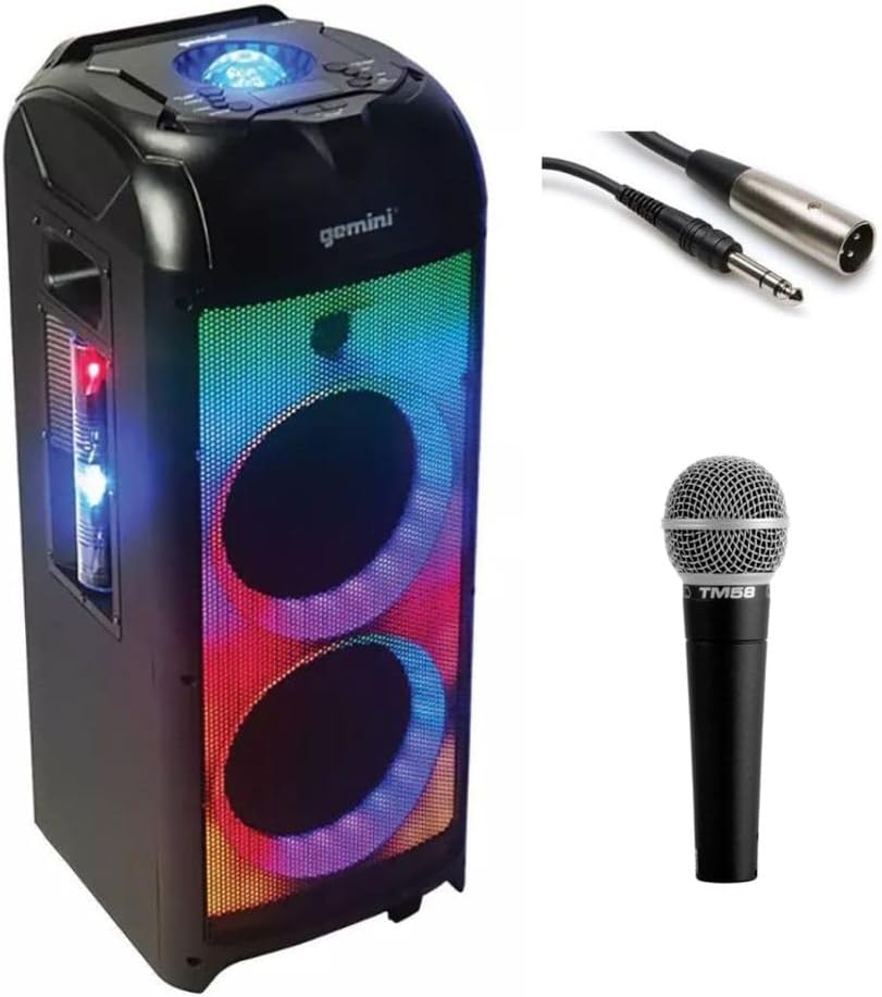 Gemini Sound GPLT-360 Portable 1000 Watt Wireless Self Battery Powered Loud Bluetooth Party Tower Speaker Bundle with Polsen M-85 Professional Dynamic Handheld Microphone (Dark Gray) XLR to TRS Cable