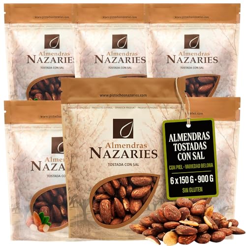ALMENDRAS NAZARIES Almendras Tostadas con Sal 6 x 150 g con Piel Españolas variedad Belona Cultivo Propio 900 g en Andalucia Snack Natural Fruto Seco Sin Gluten Aperitivo Saludable Tostada sin Freir
