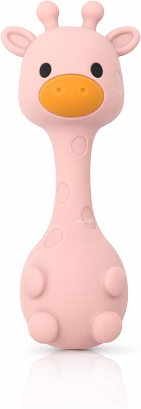 MuyPetit Jirafa Sonajero Stick, Juguete bebe 4 meses, Libre de BPA y tóxicos, Juguetes Montessori para bebes 6-12 meses, Fácil de agarrar, Juegos bebe 0-6 meses, Teether (Jirafa Rosa)