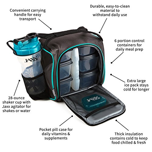 Fit and Fresh Original Jaxx FitPak Insulated Cooler Lunch Box, Meal Prep Bag with Portion Control Containers, Ice Pack, 28 oz Shaker, Standard, Teal - Thumbnail 6