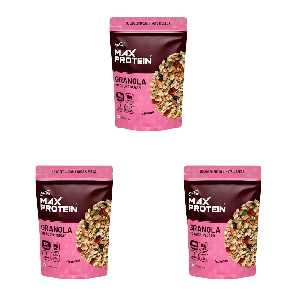 RiteBite Max Protein Granola Nuts & Seed - (No Added Sugar) 500g| 7 Grains Breakfast Granola Muesli| 10g Protein | 10g Fiber | Natural Ingredients| Simply Delicious| Vegan (Pack of 3)-picture-16