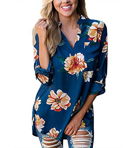 Mujer Camisas Elegantes Vintage Fiesta Estampadas De Flores Tops Camisetas V Cuello Manga 3/4 Casual Moda Anchas Basicas Primavera Otoño Blusones T Shirt Blusa