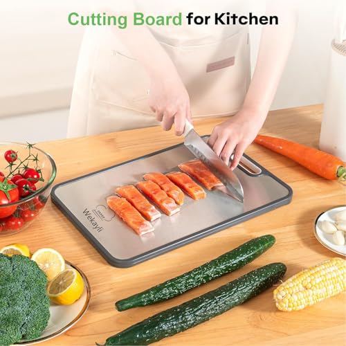 Tabla de Cortar de Acero Inoxidable, No Tóxica y de Doble Cara | Acero Inoxidable Grado Alimentario y PP de Paja de Trigo, Tablas para Cortar Carne y Vegetales, 38,35 cm × 26,42 cm miniatura 2