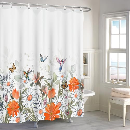 ASDCXZ Flower Shower Curtain 180x200 cm, Spring Orange White Flowers Green Leaves Colorful Butterfly Bird Washable Shower Curtains Polyester Textile Waterproof Bath Curtain for Bathtub with 12 Hooks - Image 3