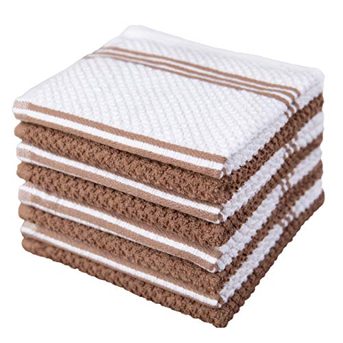 Sticky Toffee Cotton Terry Kitchen Dishcloth, 8 Pack, 12 in x 12 in, Brown Stripe