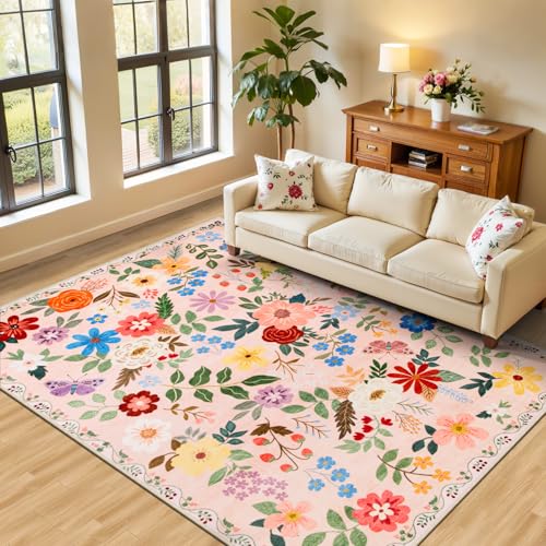 6x9 Area Rugs for Living Room: Floral Washable Rug Vintage Large Soft Boho Non-Slip Carpet Indoor Floor Stain Resistant Thin Carpets for Bedroom Dining Room Farmhouse Nursery Hallway Home Office Beige