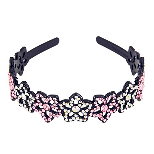 Yeshan Rhinestone and Crystal Beaded Flower Design Plastic Headband, Hairband for girls,Pink and ab white