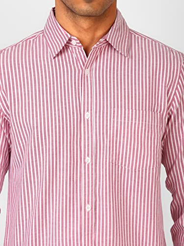Image of UrbanMark Men 100% Cotton Full Sleeves Regular Fit Striped Casual Shirt-Coral & White