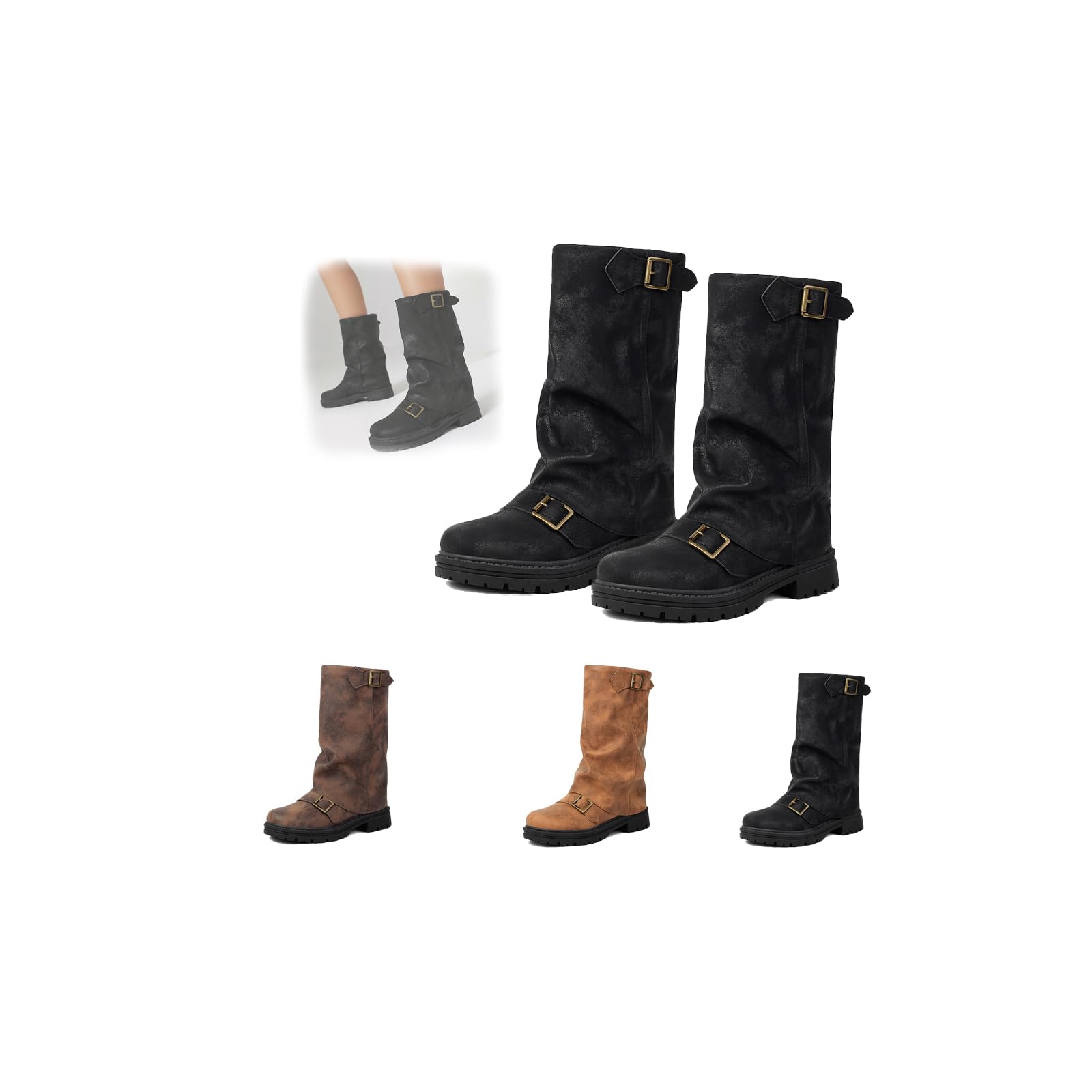 Womens Leather Slouchy platform Buckle Mid-Calf Boots Vintage Round Toe Buckles Biker Motorcycle Fashion Riding Party Combat Boot