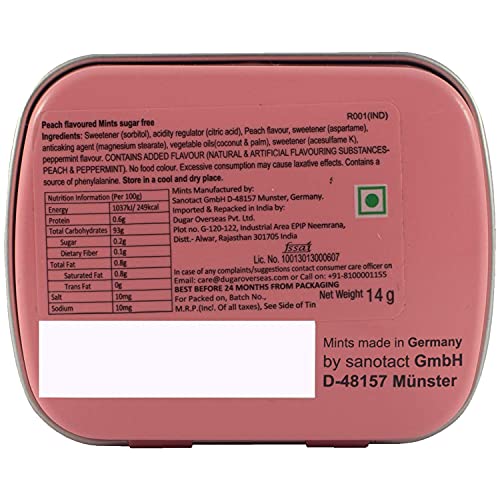 Image of Impact Mints Sugar-free Mints Peach Flavor (Pack of 9) 14g each, for everlasting & pleasant breath, product of Germany, pocket-friendly Mints in classic Tin packaging
