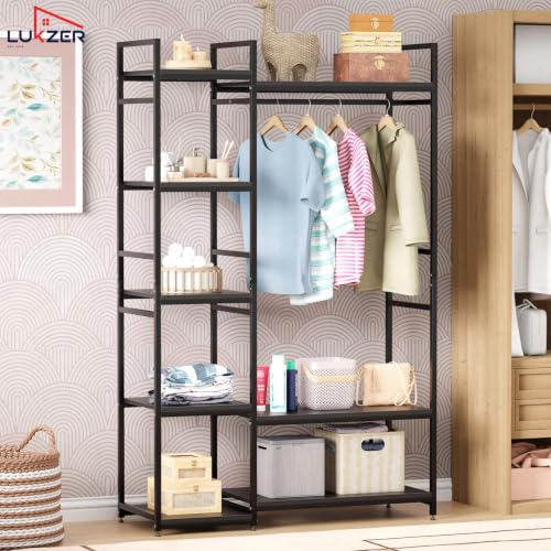 Image of Lukzer Heavy Duty Garment Rack with 8 Shelves & Hanging Rod | Free-Standing Modern Clothes Stand Metal & Engineered Wood Shoe Rack with Adjustable Foot Pads for Living Room - MMR-004 /Black & Black