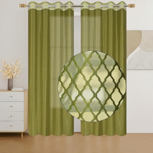 Image of IVAZA Heavy Premium Polyester Beautiful Moroccan Trellis Design Transparent Net Curtains | Modern Parde for Living Room Bedroom | Home Office Screens Window- 5 Feet (Pack of 1) Green