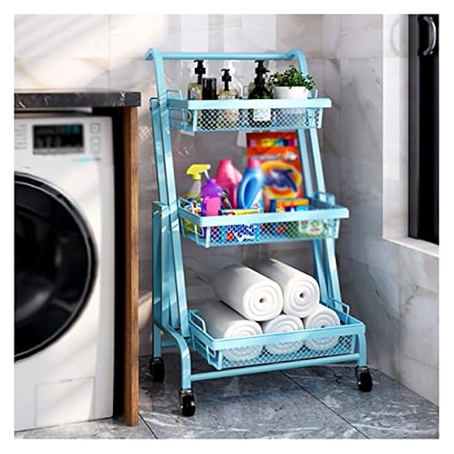 3 Tier Folding Kitchen Storage Trolley Rack with Caster Wheels Rolling Cart Metal Utility Space Saving,Home Organizer Racks,Easy Assembly for Kitchen,Bathroom,Office (Color : Blue) (Blue)-sRKZzMgI