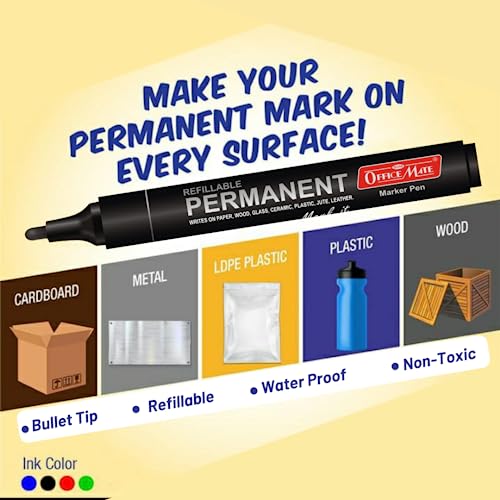 Image of Soni Officemate Permanent Marker Pen | Pack of 10 | Multicolor Bold Marker | Refillable & Waterproof | Quick Dry Alcohol Ink Markers