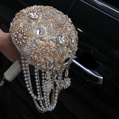 Image of MaxxCloud Luxury Gatsby-Inspired Vintage Wedding Golden Brooch Bouquets Handmade Sliver Bling Glam Wedding Bridal Bouquet