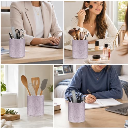 Image of Round Leather Pen Holder for Desk, Desktop Organizer,(Carved Purple)