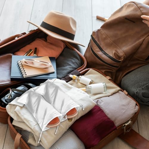 4 Pack Shoe Bags for Travel Satin Fabric Shoe Bag Portable Shoe Dust Bags with Drawstring Shoes Storage Bags 6.9" X 14" Cotton Drawstring Bags White Shoe Covers for Storing Shoes4