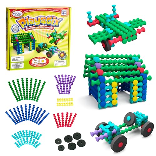 POPULAR PLAYTHINGS Playstix, Building Sticks Kit for Kids, Construction Stem Building Toy Gift for Boys & Girls - Starter Set 80 Piece