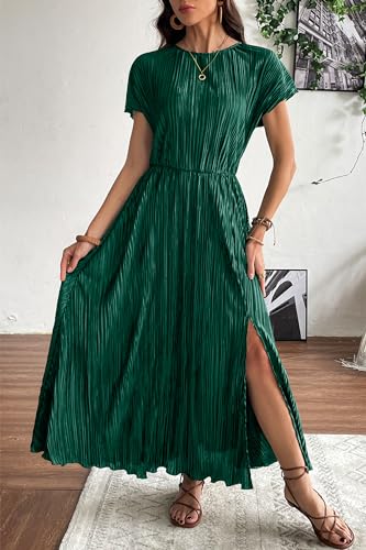Image of CCTOO Womens Summer Maxi Dresses: Casual Short Sleeve Crewneck Slit Sundress Ruffle Pleated Long Flowy Party Cocktail Dress