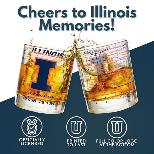 Image of Greenline Goods - University of Illinois Fighting Illini College Whiskey Glasses (Set of 2), 10 oz - Full-Color Logo + Campus Map