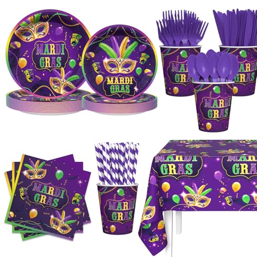 AIBIIN 193pcs Mardi Gras Party Decorations Mardi Gras Plates and Napkins Cup Tablecloth Tableware Masquerade Mask Party Decorations Supplies Serve 24 Guests