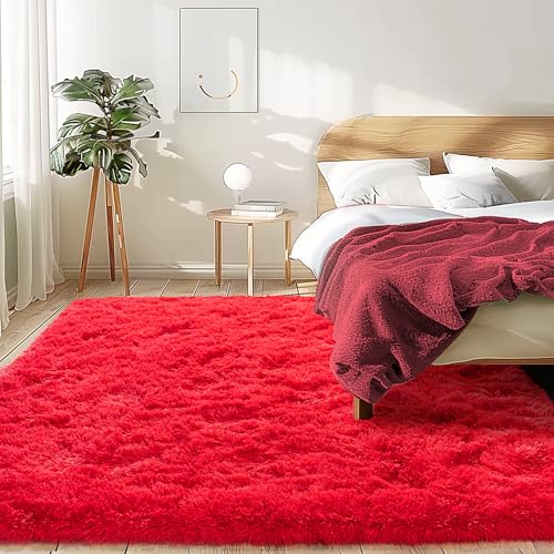 5x7 Rugs for Living Room - Fuzzy Shaggy Plush Rug for Kids Room - Soft Non-Slip Fluffy Throw Carpet Bedroom Red