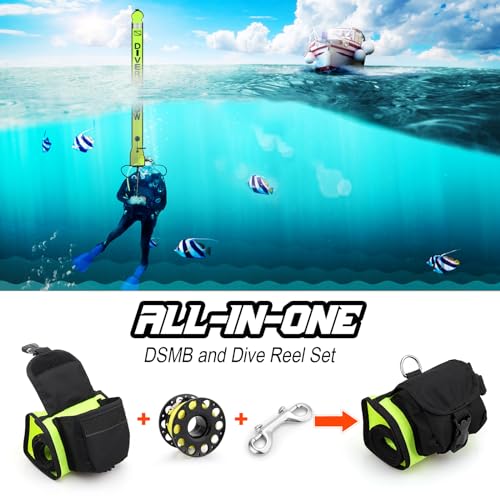 Image of Surface Marker Buoy Scuba with Reel, 5ft High Visibility Diving Open Bottom Signal Tube Safety Sausage with Pouch Bag, 100ft ABS Dive Reel and Steel Double-Ended Bolt Snap (Hi-Vi Yellow)