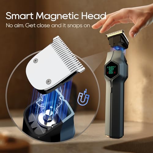 Image of Beard Trimmer for Men, Magnetic Snap-on Replacement Heads & Charging Dock, IPX7 Waterproof Cordless Hair Clippers, Mens Grooming Kits for Mustache /Body /Face /Ear /Nose, Navy Blue