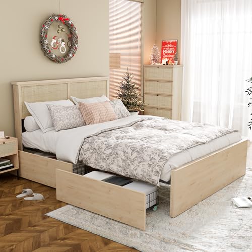 Yechen Bed Frame with Natural Rattan Headboard and Storage