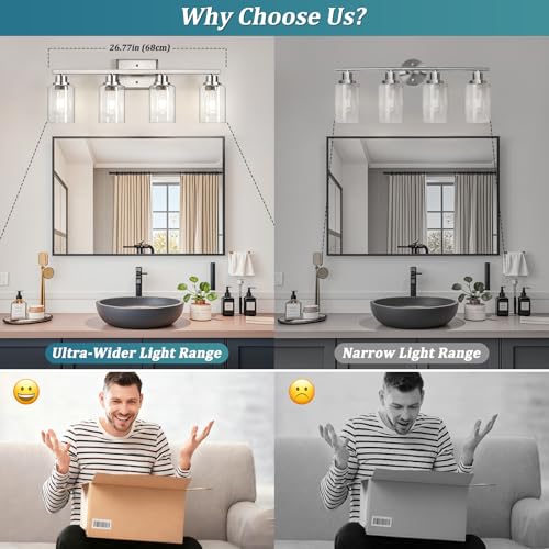 Image of Unicozin Modern Brushed Nickel Bathroom Light Fixtures, 4-Light Vanity Lights Over Mirror with E26 LED Bulbs Included, Wall Sconce with Clear Glass Shades for Living Room Bedroom Hallway Kitchen